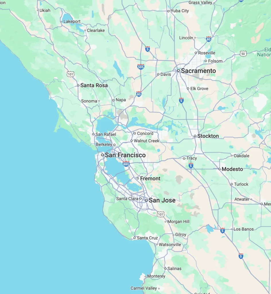 Map showing the Bay Area in California including San Jose and San Francisco