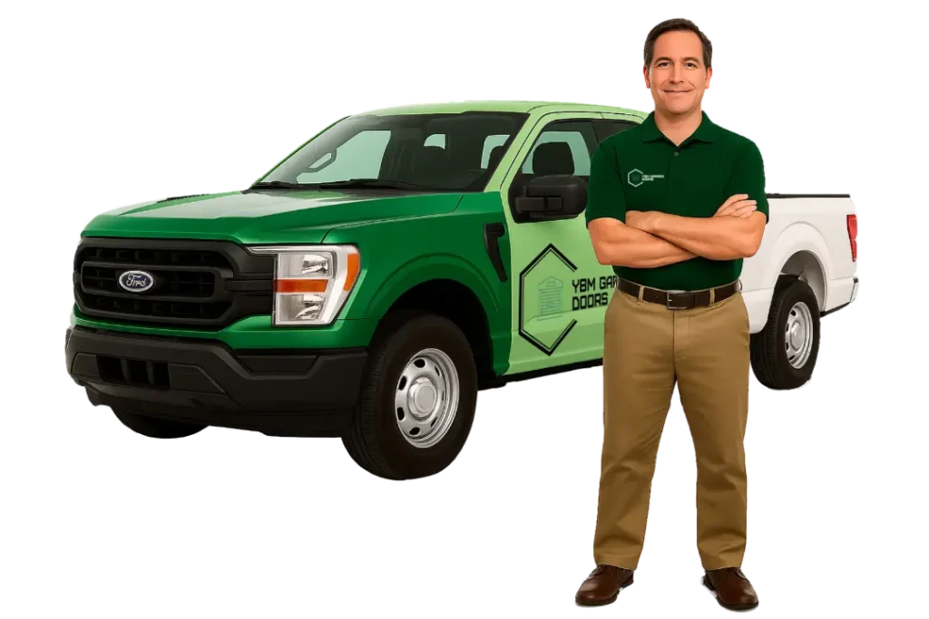 Garage door technician standing next to a branded service truck - YBM Garage doors