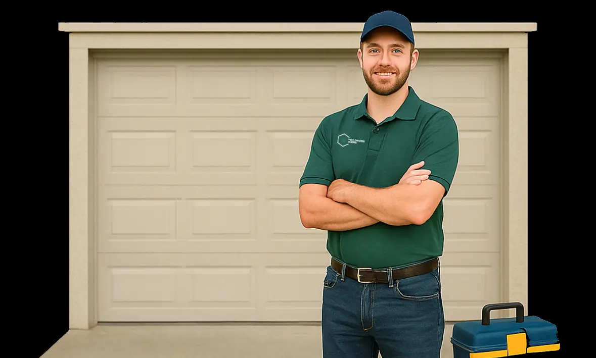 garage door technician standing in front of a modern garage door