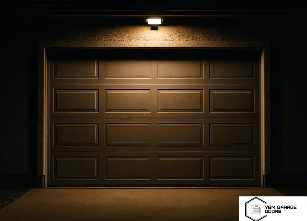 Garage door illuminated at night, representing 24/7 emergency repair availability