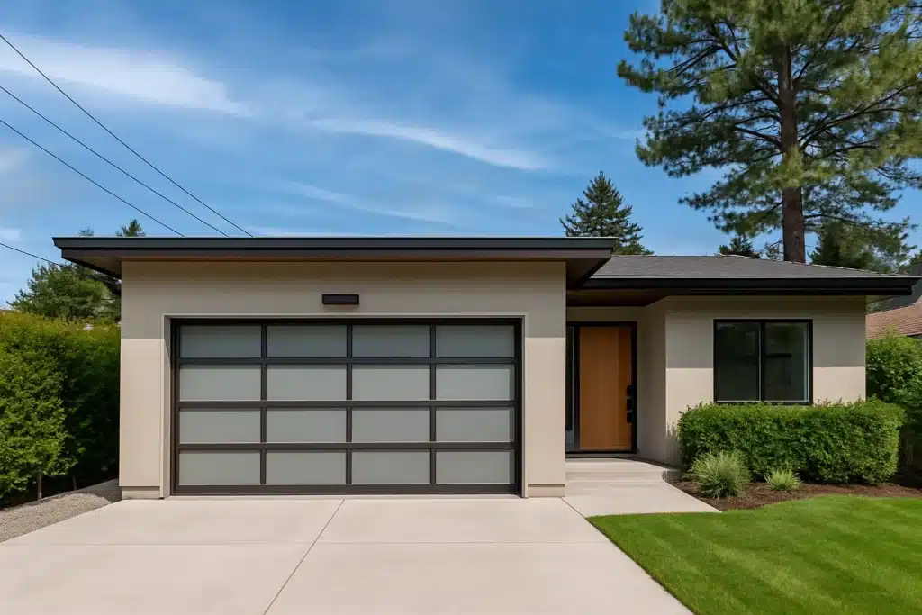 Luxury home with horizontal panel garage doors