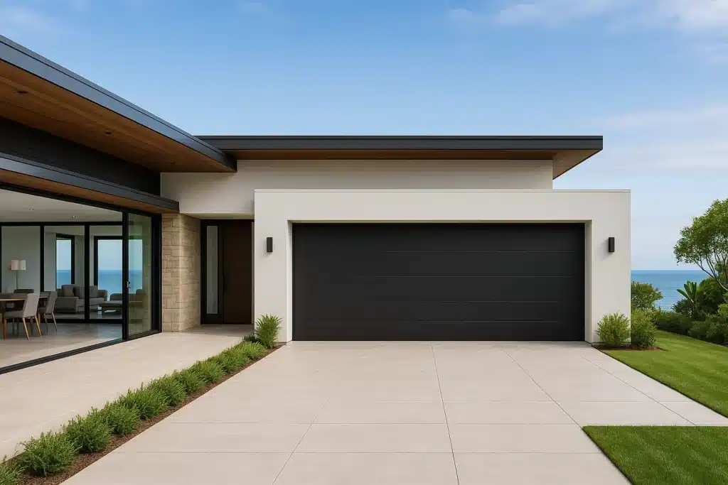 Luxury coastal home with black garage door