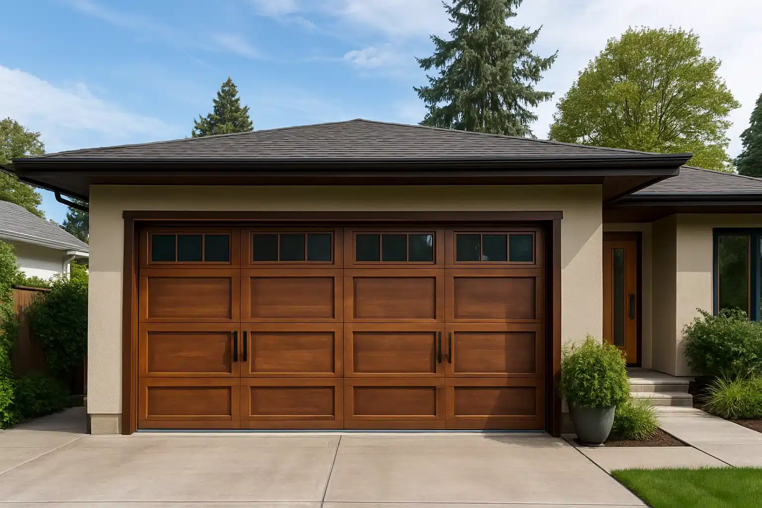 Classic wooden carriage-style garage doors