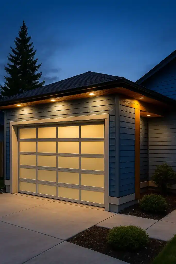 Modern garage door with warm exterior lighting at night