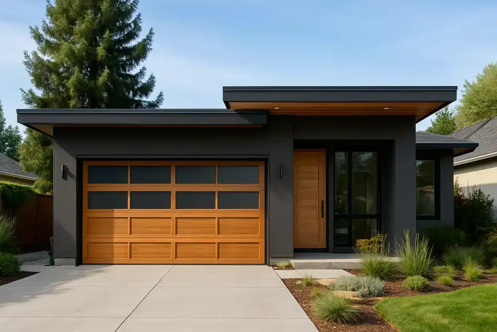 Contemporary home with natural wood garage door and black trim