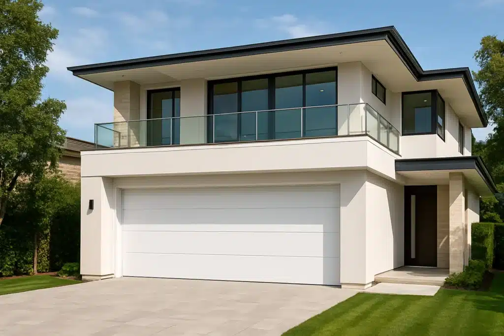 Luxury modern home with white garage door