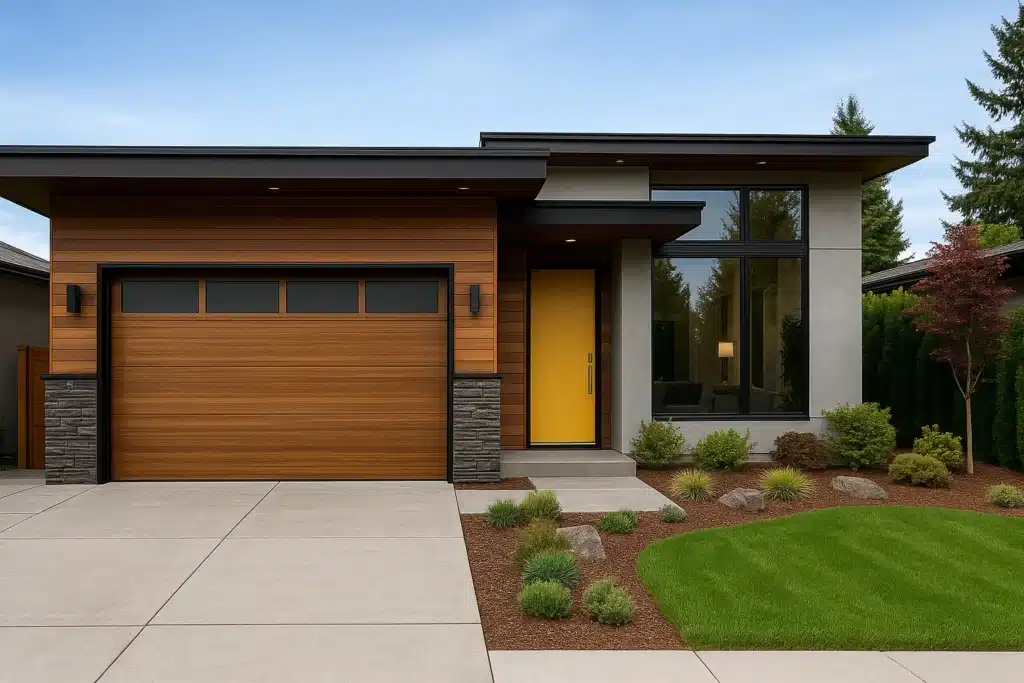 Modern home with yellow front door and wood garage