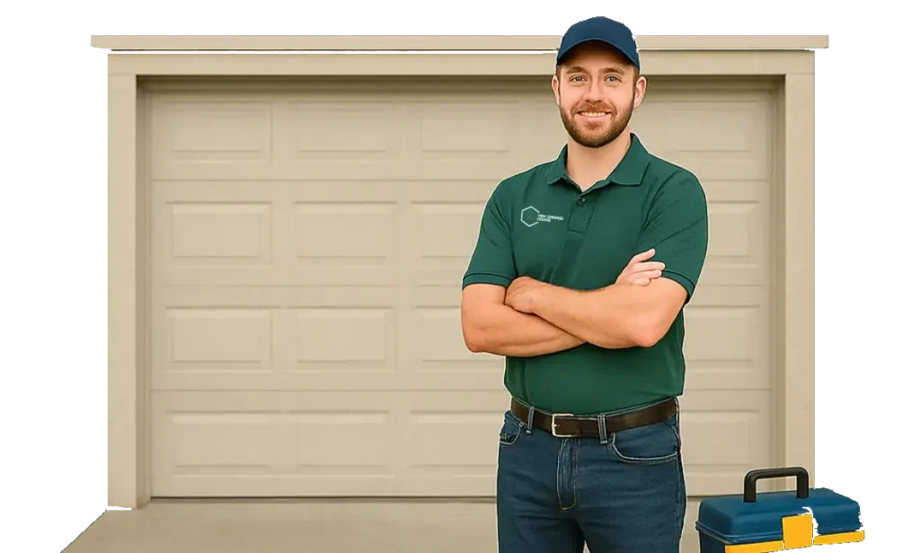garage door technician standing in front of a modern garage door